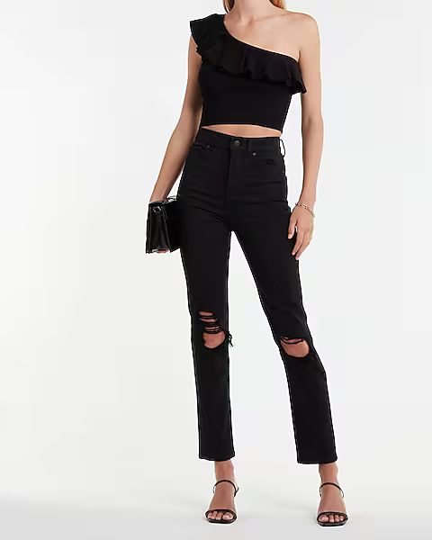 Super High Waisted Black Ripped Slim Jeans | Express