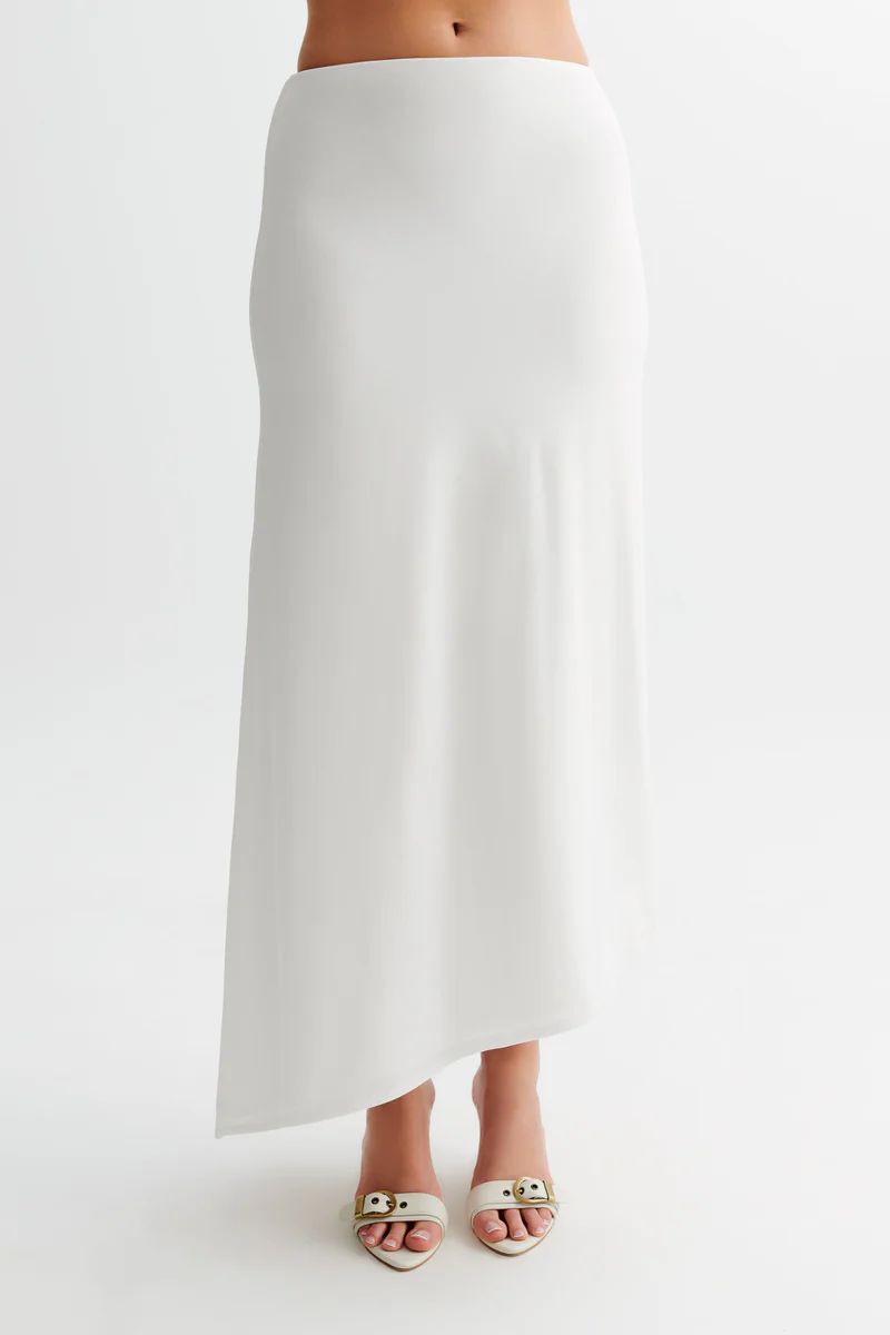 Bea Asymmetrical Slinky Maxi Skirt - White | MESHKI US