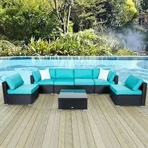 Kinbor 7pcs Outdoor Patio Furniture Sectional Pe Rattan Wicker Rattan Sofa Set with Blue Cushions | Walmart (US)