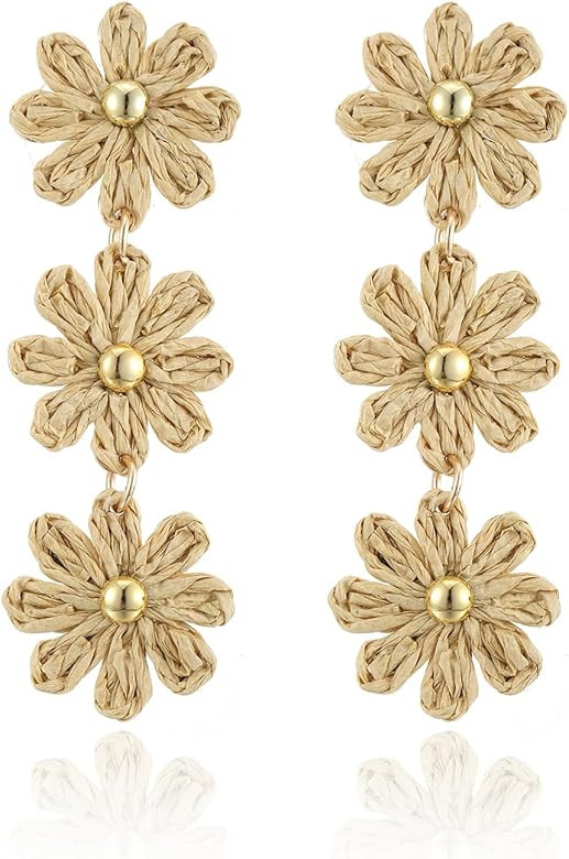 Raffia Daisy Flower Earrings, Raffia Straw Wrapped Daisy Drop Dangle Earrings Summer Tropical Bea... | Amazon (US)