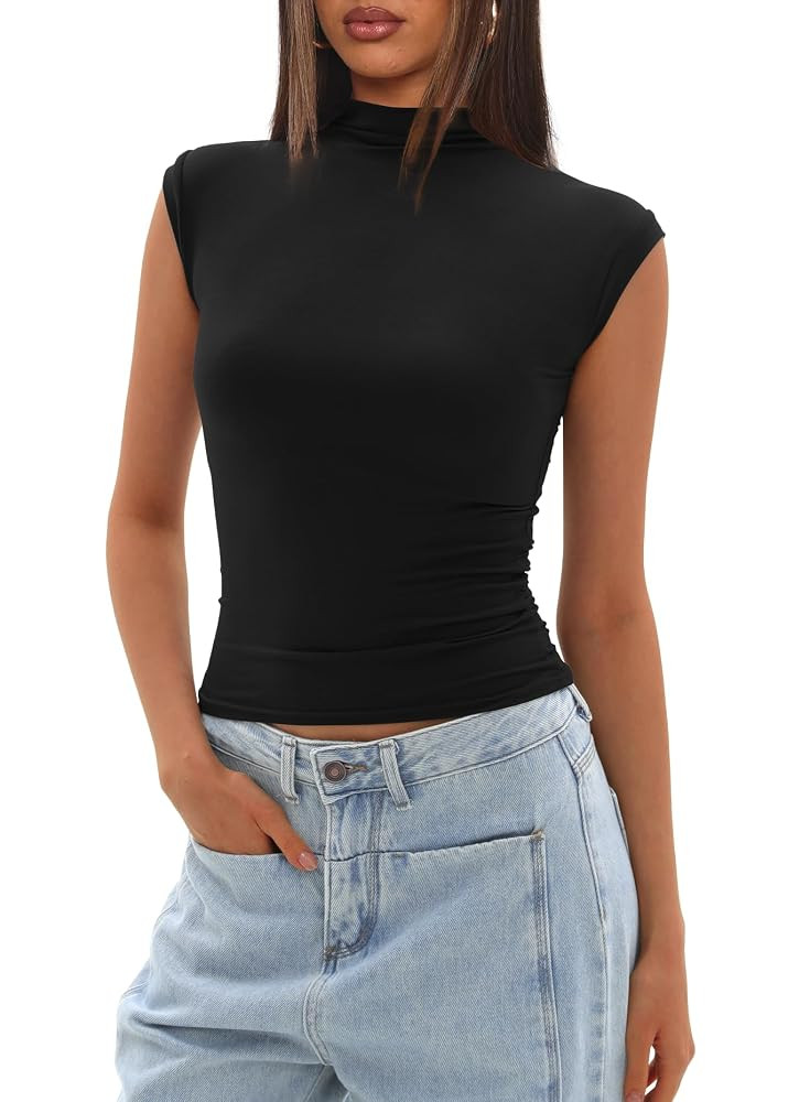 Darong Women's Summer Tops Cap Sleeve Side Ruched Going Out Top Mock Neck Slim Fitted Cute Shirts... | Amazon (US)