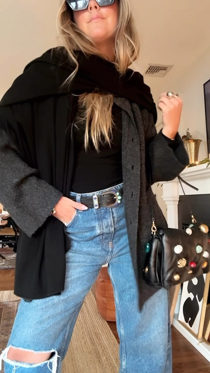 Today’s every day outfit! 🤍 black sweater top is my brand HDYWT and it drops on howdoyouwearthatshop.com on Sunday at 8pm so it isn’t linked! Same with the scarf // wrap x 