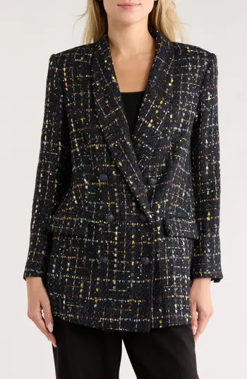 L'AGENCE Jayda Relax Fit Double Breasted Tweed Blazer in Midnight/Mustard Plaid at Nordstrom Rack, Size 00 | Nordstrom Rack