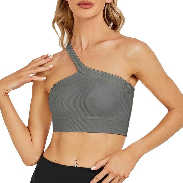 Sredhy One Shoulder Sports Bra Medium Support Removable Padded Yoga Workout Sexy Running Top Ribb... | Amazon (US)