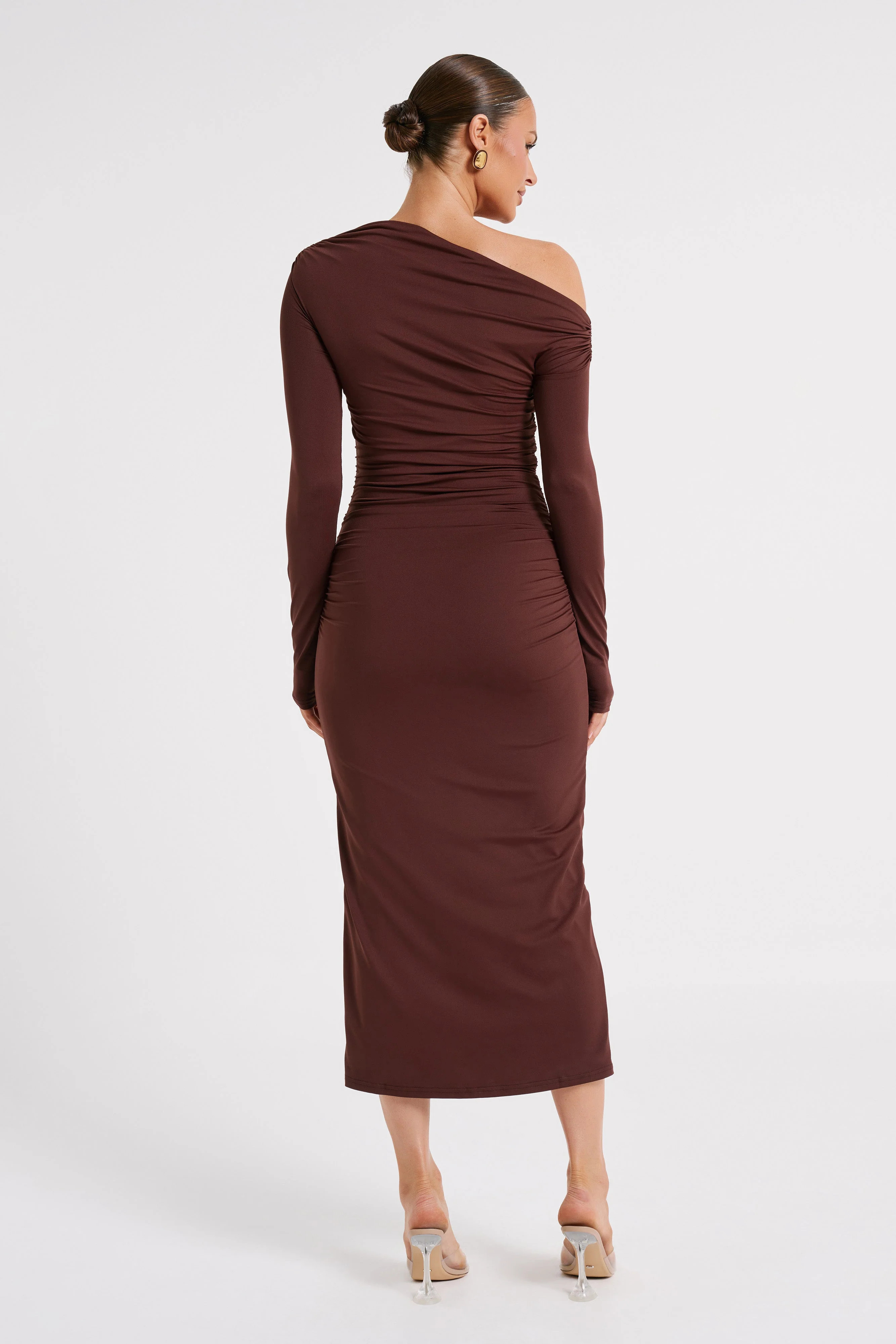 Christabel Recycled Nylon Ruched Midi Dress - Chocolate | MESHKI US
