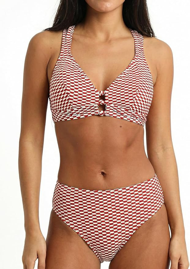 CUPSHE Women's Bikini Sets Two Piece Swimsuit Textured Mid Rise Crisscross Back Self Tie Molded C... | Amazon (US)