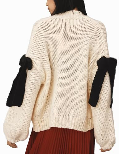 Creerer Open Front Sweaters for Women Casual Bow Tie Knit Cardigan Slouchy Chunky Long Sleeve Sweaters Outwear Coat(Beige-S) | Amazon (US)