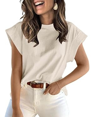 Women's Cap Sleeve Tank Tops Summer Crew Neck T Shirts Basic Loose Fit Solid Tee | Amazon (US)