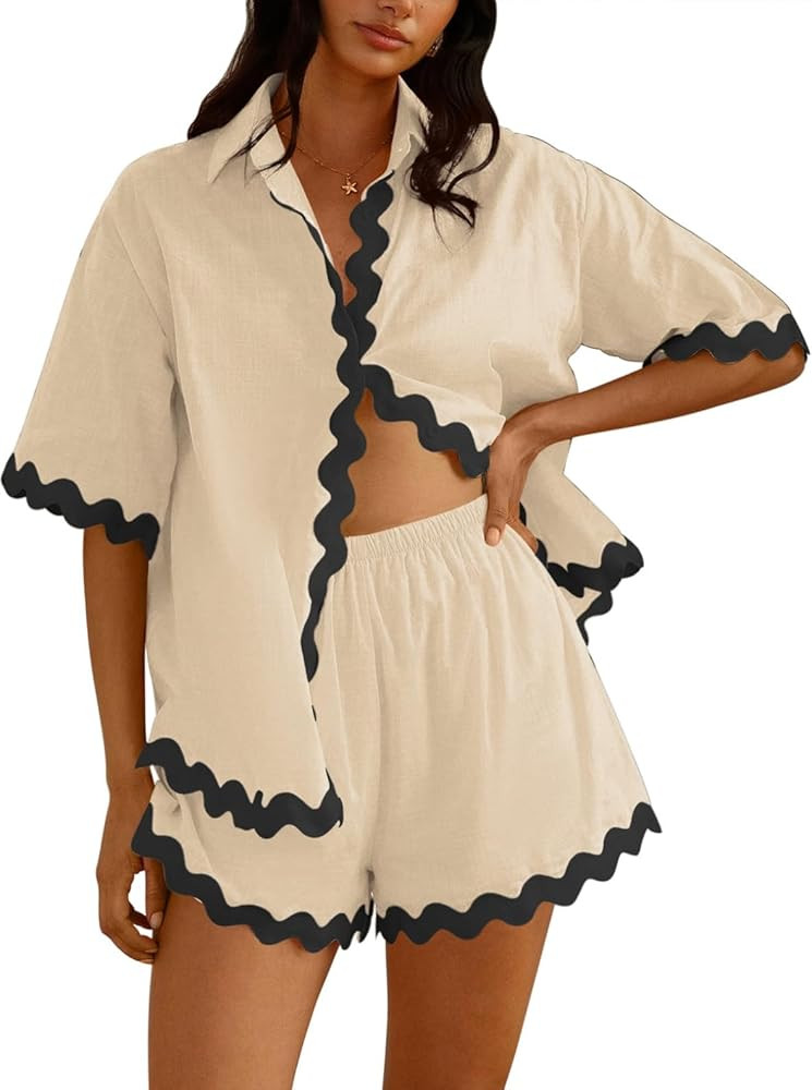 Fixmatti Women Two Piece Summer Sets Short Sleeve Button Down Shirts Shorts | Amazon (US)