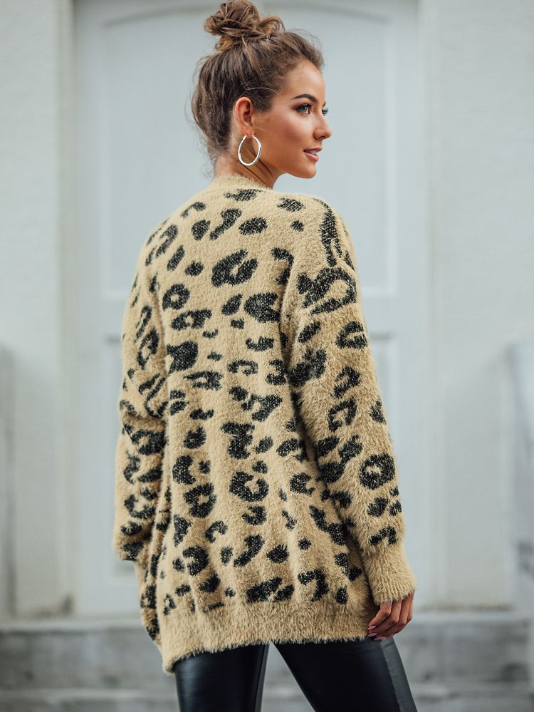 Leopard Print Button Through Fluffy Knit Cardigan | SHEIN