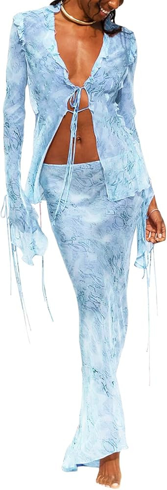 Women's Crochet Knit 2 Piece Skirt Sets Hollow Out Knitted Crop Top Side Slit Bodycon Long Skirt ... | Amazon (US)