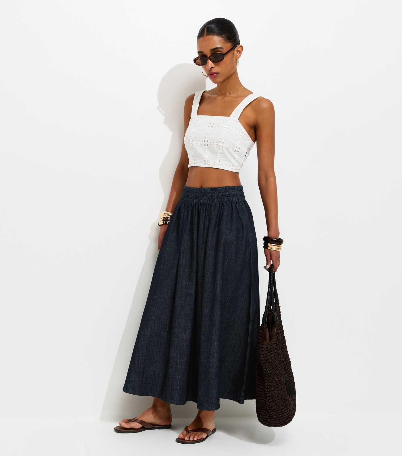 Navy Shirred Waistband Denim Midi Skirt | New Look | New Look (UK)