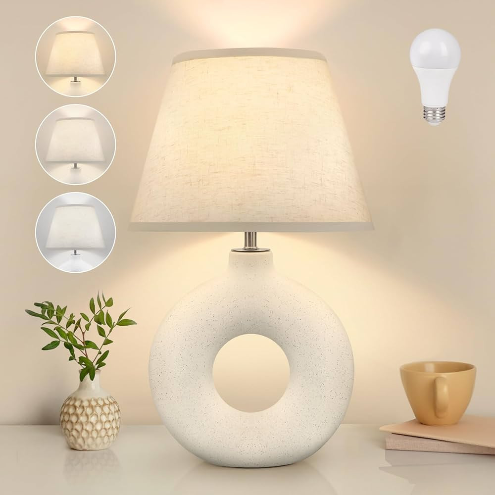 Boho Table Lamp for Living Room Bedroom, 21" Modern White Ceramic Bedside Lamps 3 Color Temperatu... | Amazon (US)