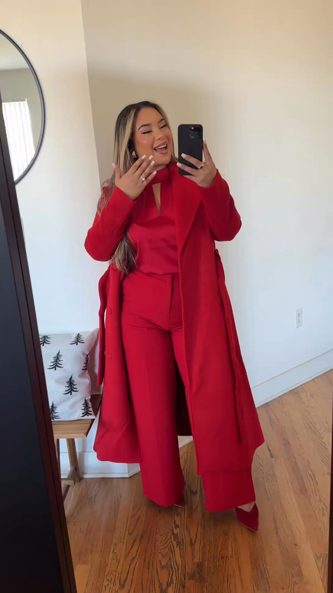 Come through Macy’s😍🥰 sizing ⬇️ 

Red satin Top: L 
Satin Pants: 12 (size up and they fit me so perfect not tight at all) 
Red coat: M 
Grey Sweater: L 
Black Jeans: 12 (these have stretch I could’ve got me reg size 10) 
Velvet Dress: M (Has stretch) 

#LTKSaleAlert #LTKHoliday #LTKCyberWeek