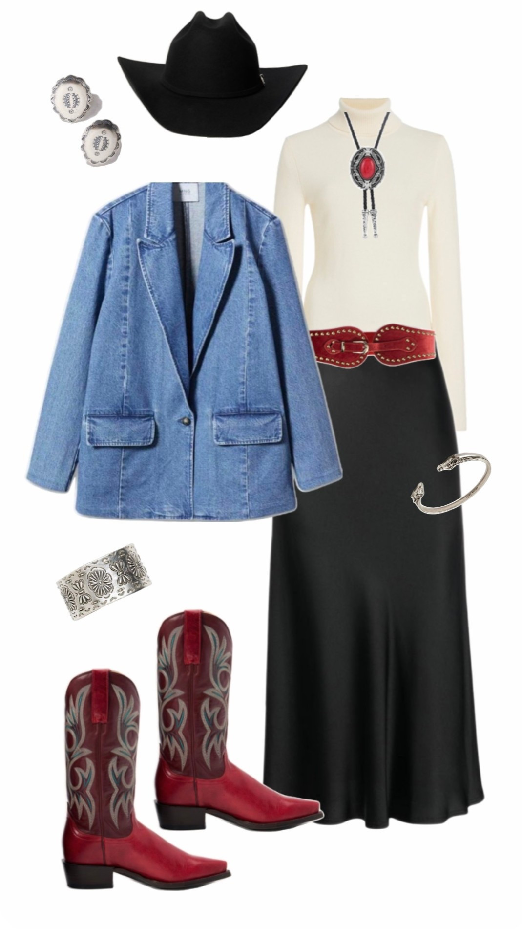 Western chic outfit 🤍 Denim blazer with a satin skirt + red cowboy boots 🤠

western outfit, western chic style, cowgirl outfit idea, denim blazer outfit, satin skirt outfit, red cowboy boots, black satin skirt, turtleneck outfit idea, rodeo outfit inspo, western fashion, elevated cowgirl look, texas style outfit, rodeo ready outfit, casual chic western style, cowboy hat, rodeo outfit 

#LTKTravel #LTKootd