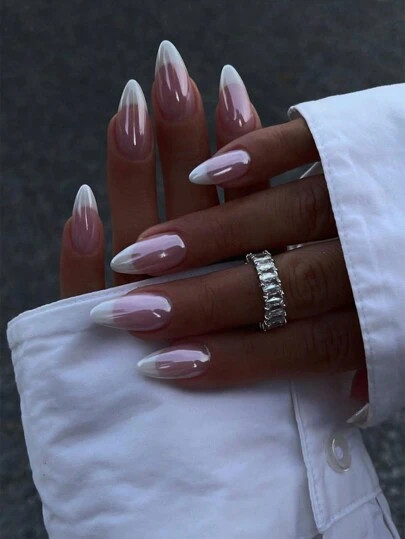 French Tip Press On Nails Almond Medium Fake Nails With Chrome Designs Glossy Nude False Nails Mi... | SHEIN