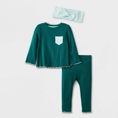 Baby Girls' 3pc Ribbed Top & Bottom Set with Headband - Cat & Jack™ Green | Target