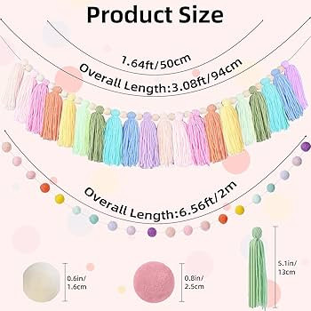 2 PCS Rainbow Boho Tassel Garland, 6.5 Feet Pom Pom Tassel 20 Felt Balls, Colorful Wall Hanging B... | Amazon (US)
