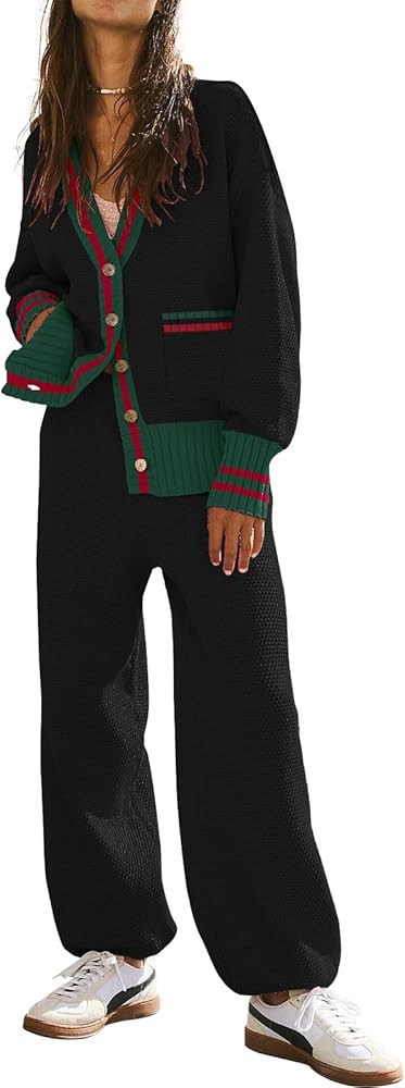 Women's 2 Piece Outfit Lounge Set Trendy Cardigan Sweater Pants Sets V Neck Button Pocket Knit Ma... | Amazon (US)