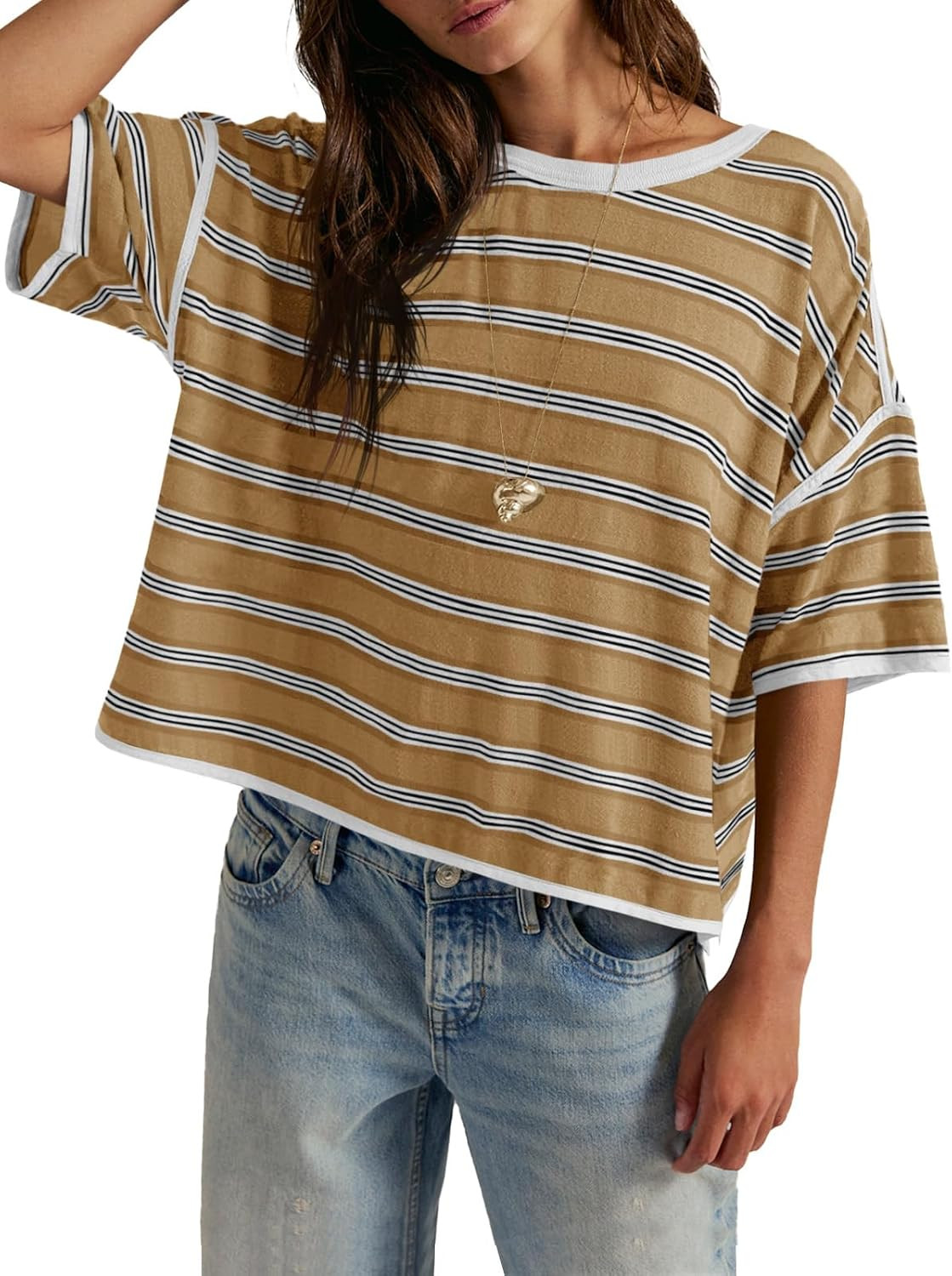 Tankaneo Womens Oversized Striped Tshirts Summer Short Sleeve Tops Boxy Tee | Amazon (US)