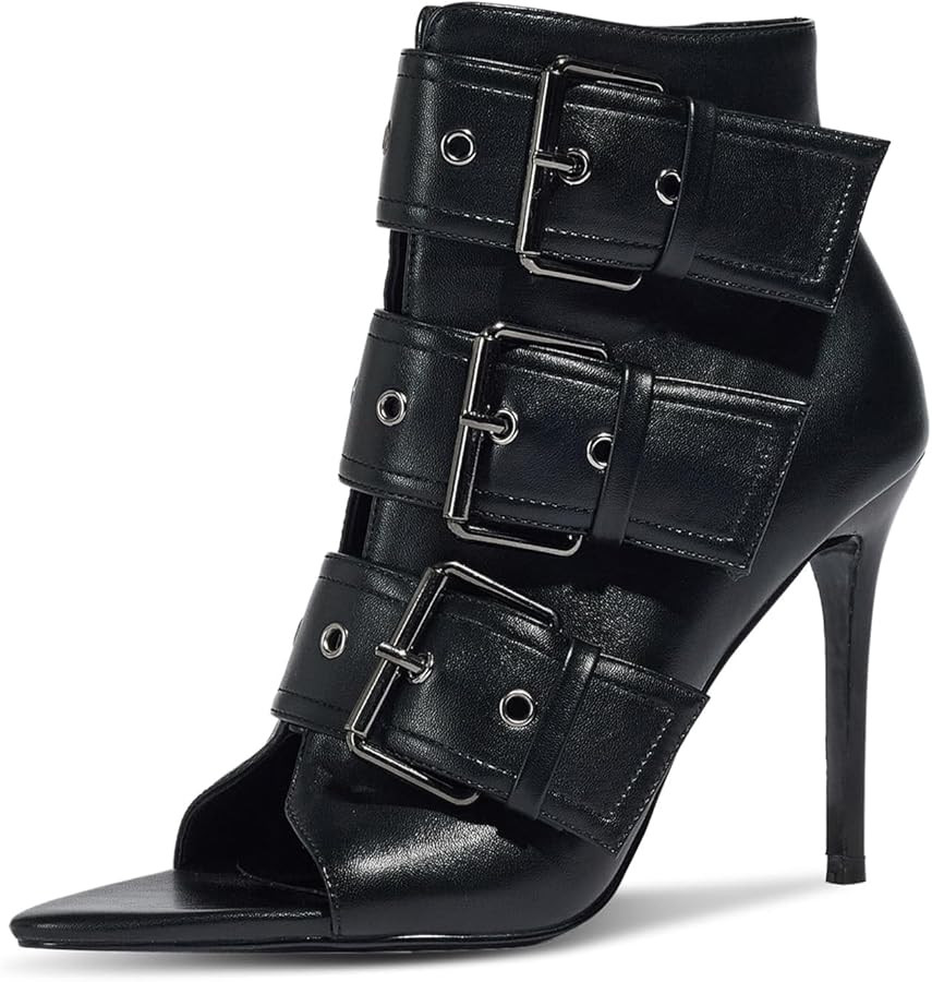 Women's Peep Toe Booties Sandals Stiletto Heel Ankle Boot Heeled Sandals Metal Buckle Side Zipper... | Amazon (US)
