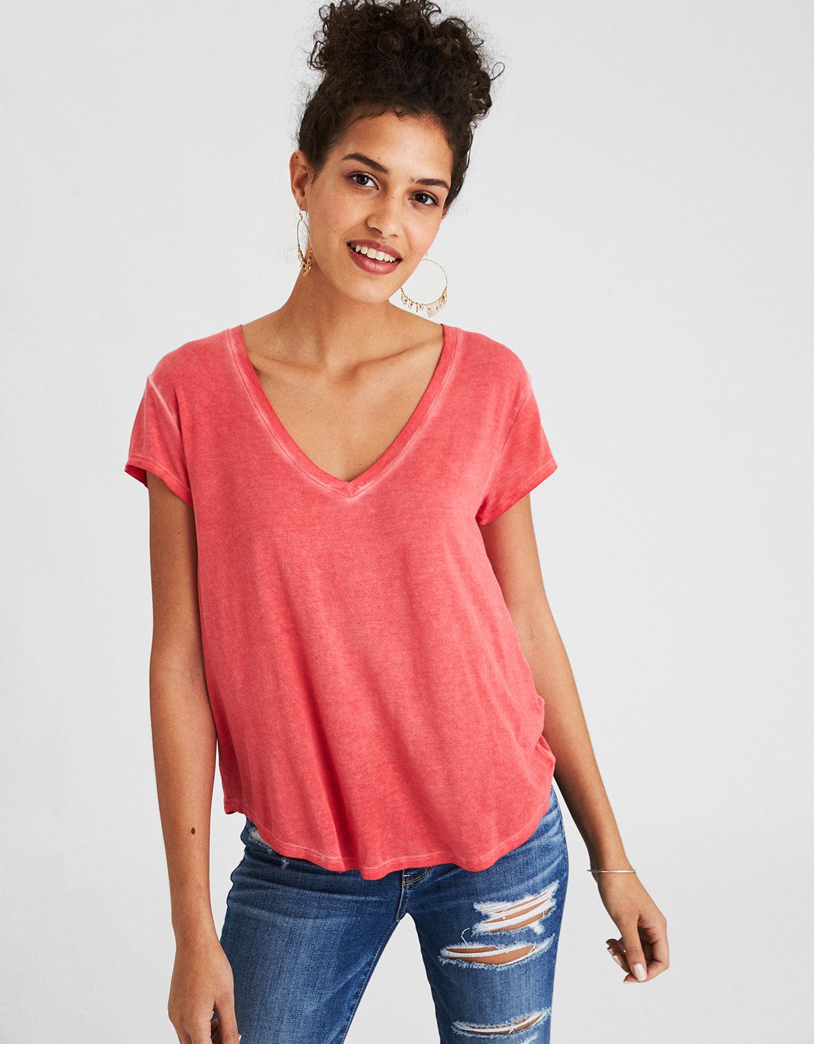 AE Soft & Sexy V Neck T-Shirt, Red | American Eagle Outfitters (US & CA)
