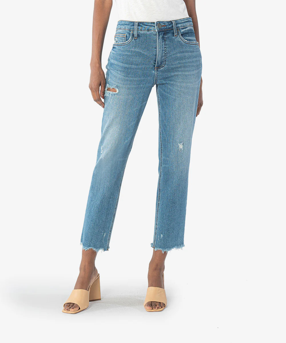 Rachael High Rise Fab Ab Raw Hem Mom Jean (Poised Wash) - Kut from the Kloth | Kut From Kloth