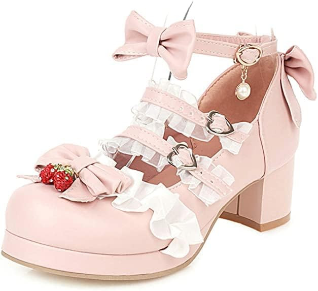 Women Block Heels Ankle Strap Platform Maid Mary Jane Pumps Fashion Sweet Bownot Ruffle Strawberr... | Amazon (US)