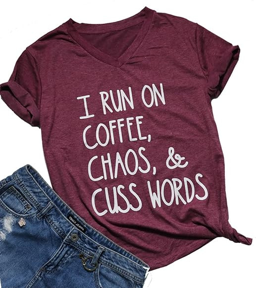 I Run On Coffee Chaos Cuss Words T Shirt Women Funny Short Sleeve T-Shirt Mom Gift | Amazon (US)