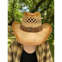 Straw Cowboy Hat, Antiqued With Brown Stitched Hat Band Star Pendant Accents, One Size Fits All | Etsy (US)