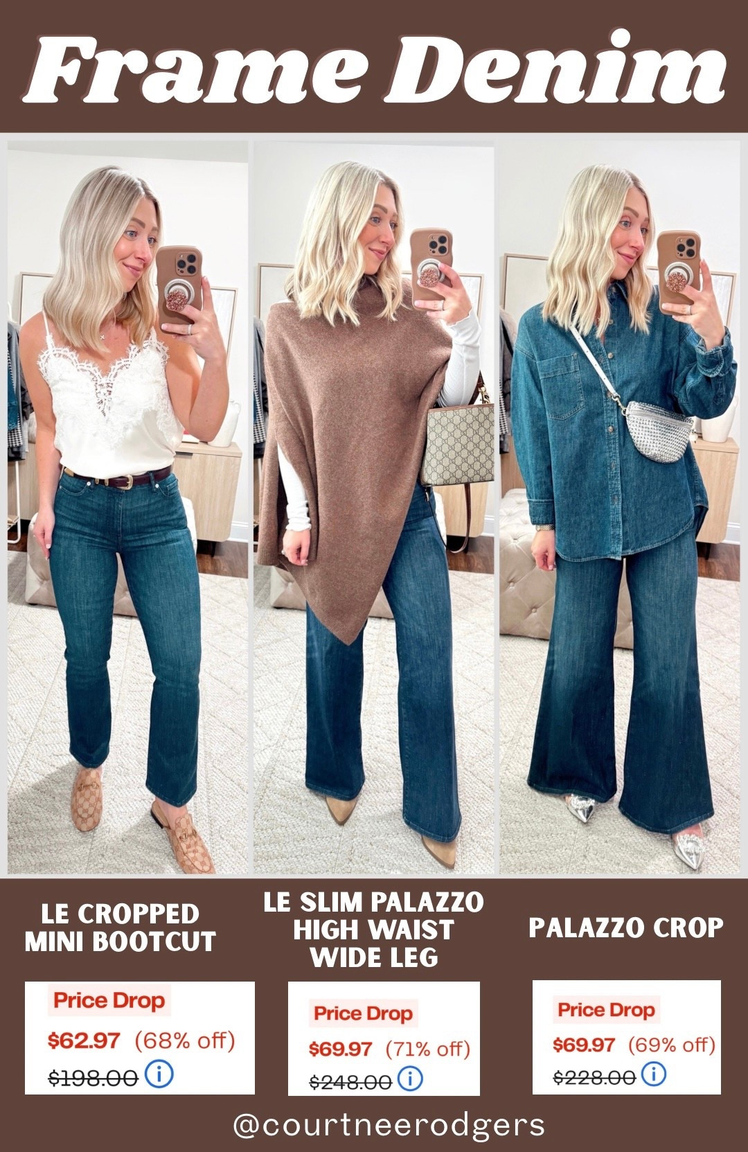 My favorite jeans are on Sale! ALL DETAILS BELOW! ⬇️ 
👖 Photo 1: LE CROPPED MINI BOOTCUT (color: guilty)
👖 Photo 2: LE SLIM PALAZZO
HIGH WAIST WIDE LEG (color: guilty)
👖 Photo 3: PALAZZO CROP (color: guilty)

Size 26 in all jeans, they run big, I’m normally a 27! Sweater XS white tank, size XS denim shirt 

5’4” for reference 

Frame denim, designer jeans, Nordstrom rack, petite outfits, petite denim 

#LTKPetite #LTKSeasonal #LTKFindsUnder100