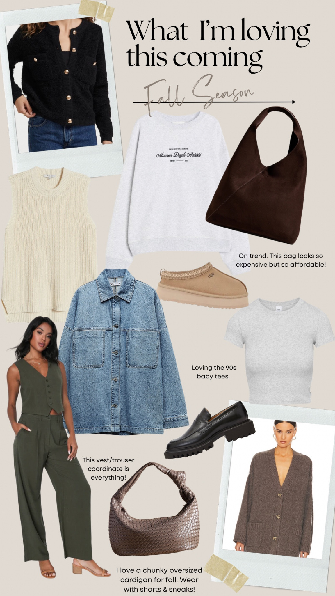What I’m loving this fall season. 

Denim jacket - Zara (ref 1879/238)

Fall season, fall style, fall fashion, brown tones, denim jackets, sweaters, oversized cardigan, fall bags, affordable bags, on trend affordable fall bags, coordinates for fall, loafers, ugg