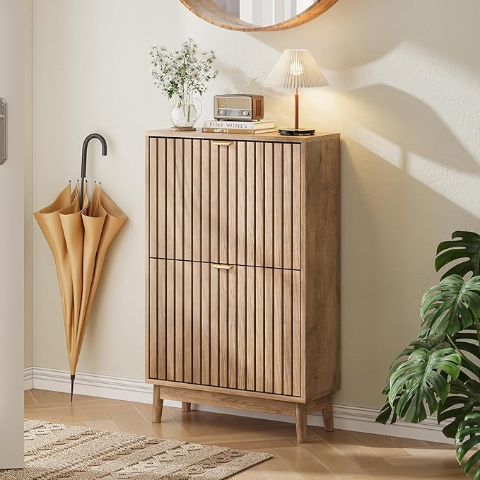 Shoe Cabinet, Shoe Storage Cabinet for Entryway with 2 Slatted Flip Drawers, Narrow Shoe Organize... | Amazon (US)