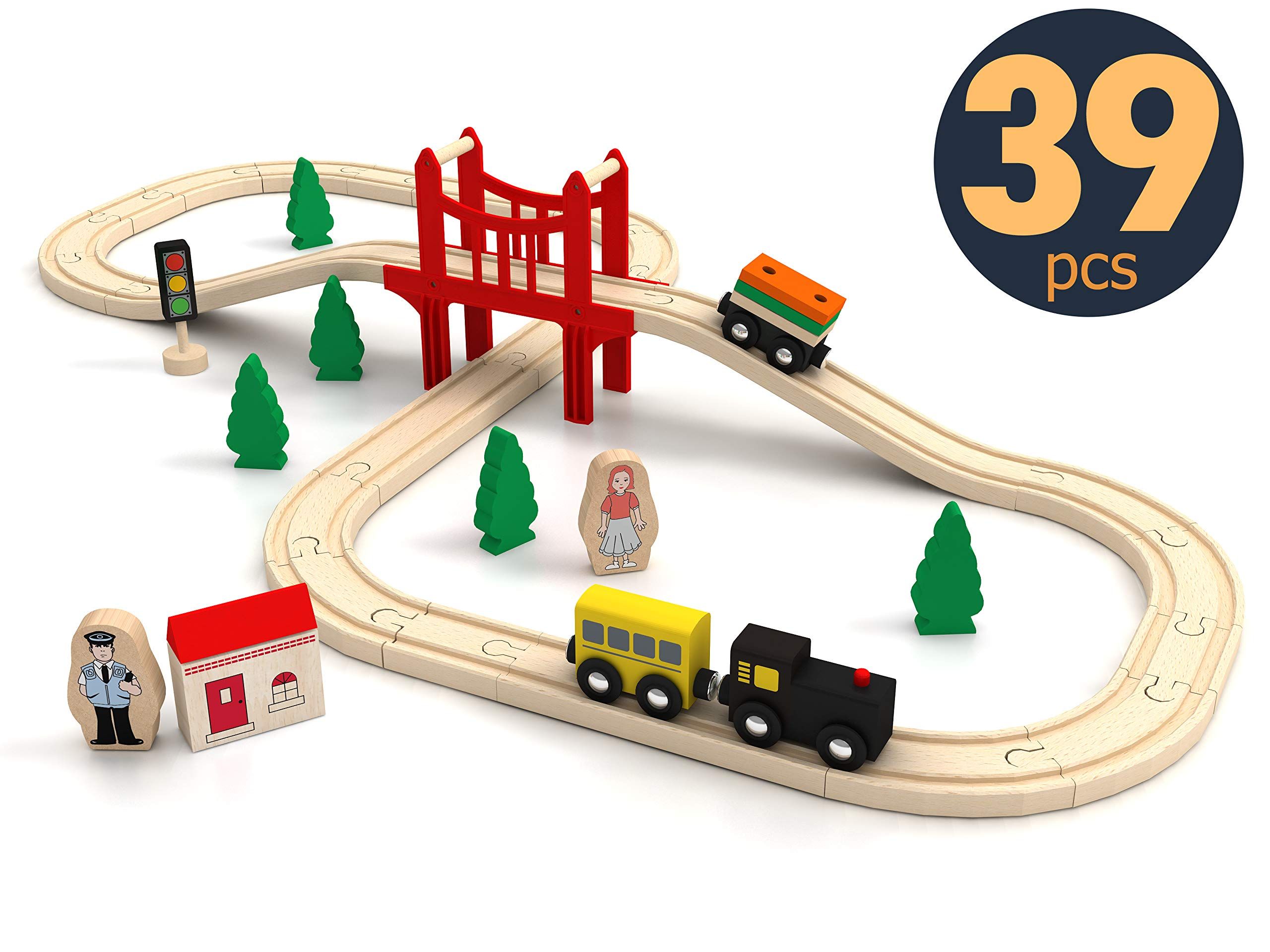 Wooden Train Set for Toddler - 39 Piece- with Wooden Tracks Fits Thomas, Brio, Chuggington, Melis... | Amazon (US)