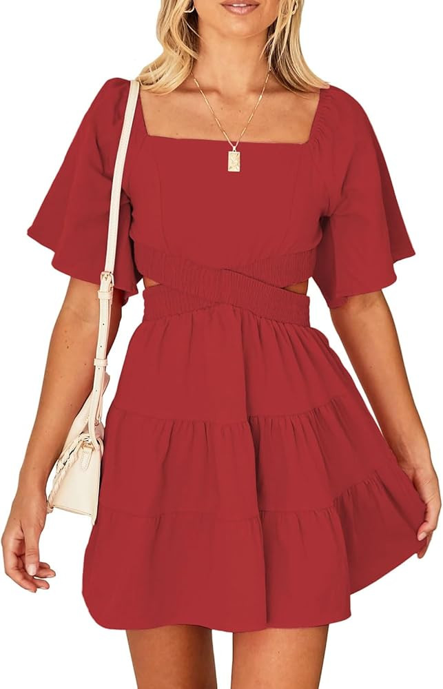 Shy Velvet Women's Summer Dress Square Neck Short Sleeves Crossover Waist Casual Party Mini Dress | Amazon (US)