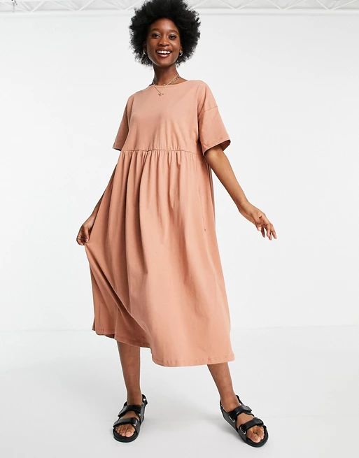 ASOS DESIGN oversized midi smock dress in cork | ASOS (Global)