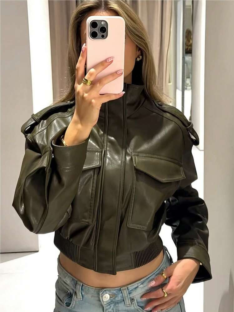 Autumn Outfits Jackets For Women Pu Leather Jacket Women Fall Outfits Winter Coat Female Zip Up Cropped Jacket Long Sleeve Tops Women'S Bomber Jacket Outerwears Crop Street Wear Short Coats | SHEIN