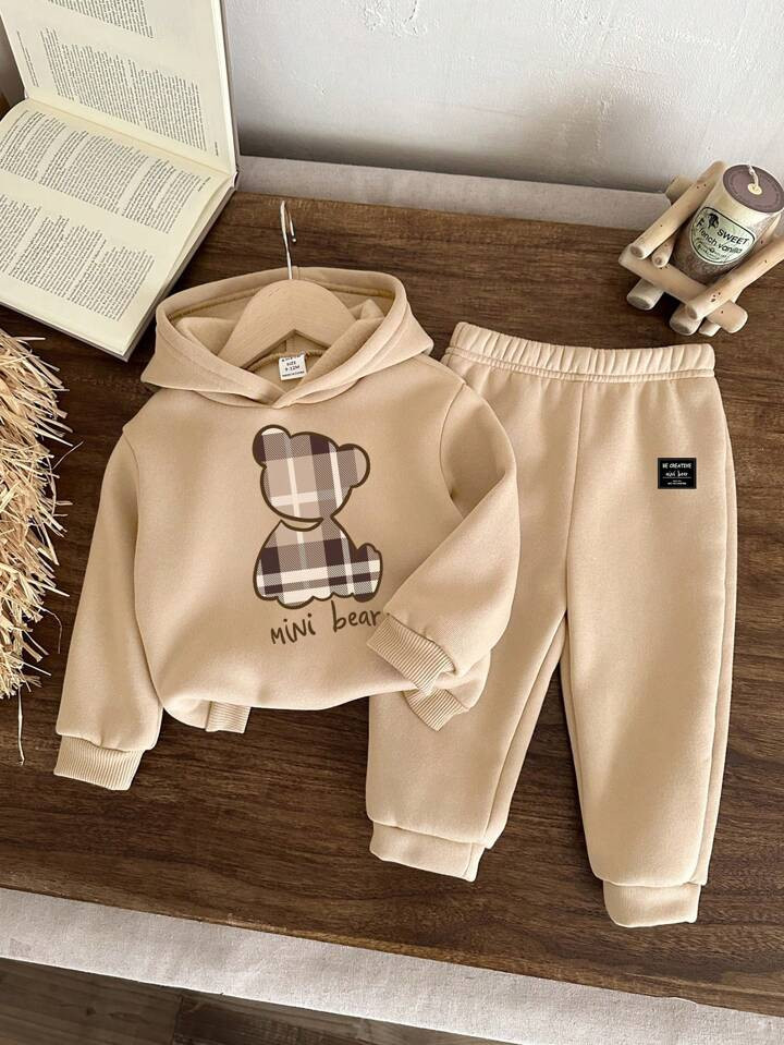SHEIN Conjunto De Moletom Casual Minimalista Com Estampa De Urso Cartoon Para Bebê Menino, Macio E Folgado, Com Capuz, Adequado Para Outono E Inverno | SHEIN