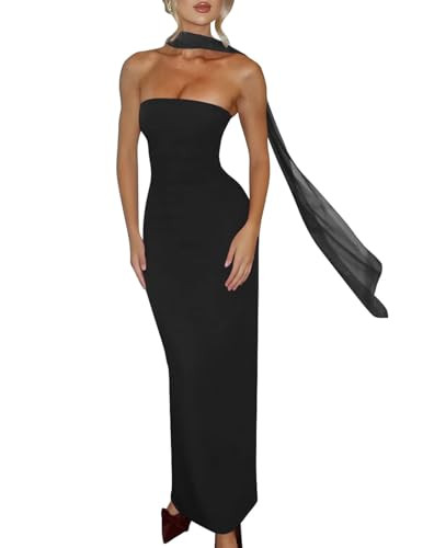 Womens Sexy Strapless Maxi Cocktail Dress with Scarf Back Split Bodycon Tube Party Wedding Guest ... | Amazon (US)