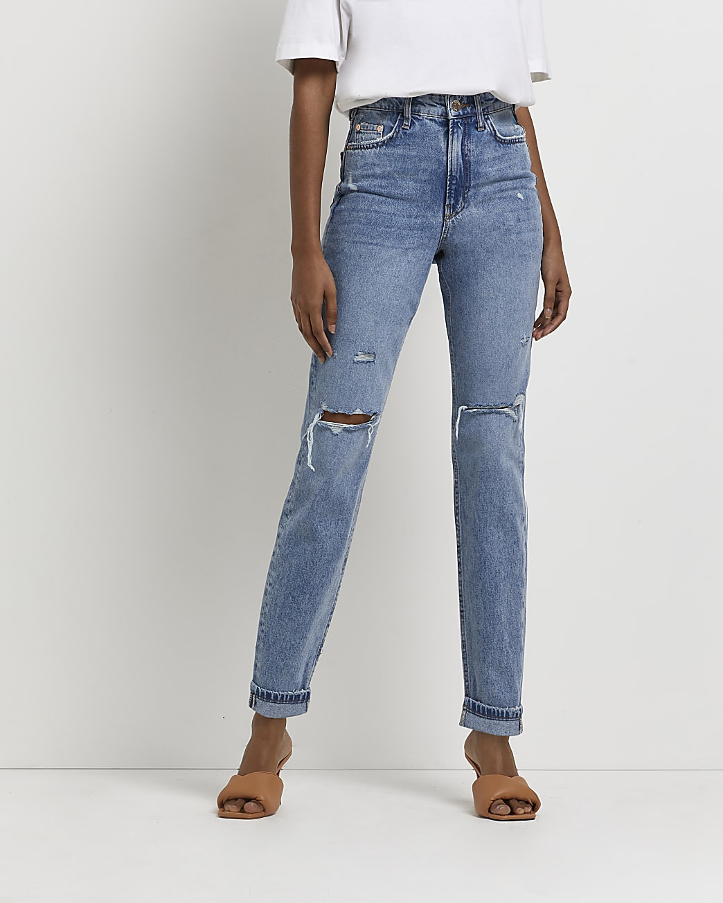Blue ripped high waisted mom jeans | River Island (UK & IE)