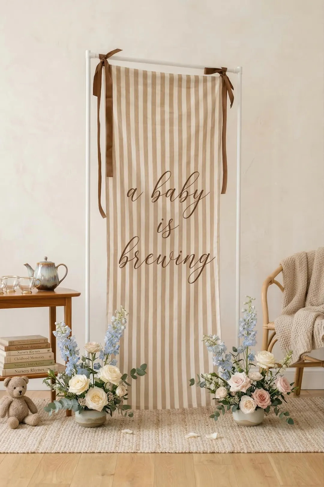 Fabric Baby Shower Banner, "A Baby is Brewing" Welcome Sign, Boho Neutral Stripes | Etsy (US)