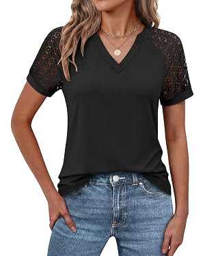 ANRABESS Womens Short Sleeve V Neck Shirts Lace Dressy Casual Blouse 2026 Summer Business Work To... | Amazon (US)