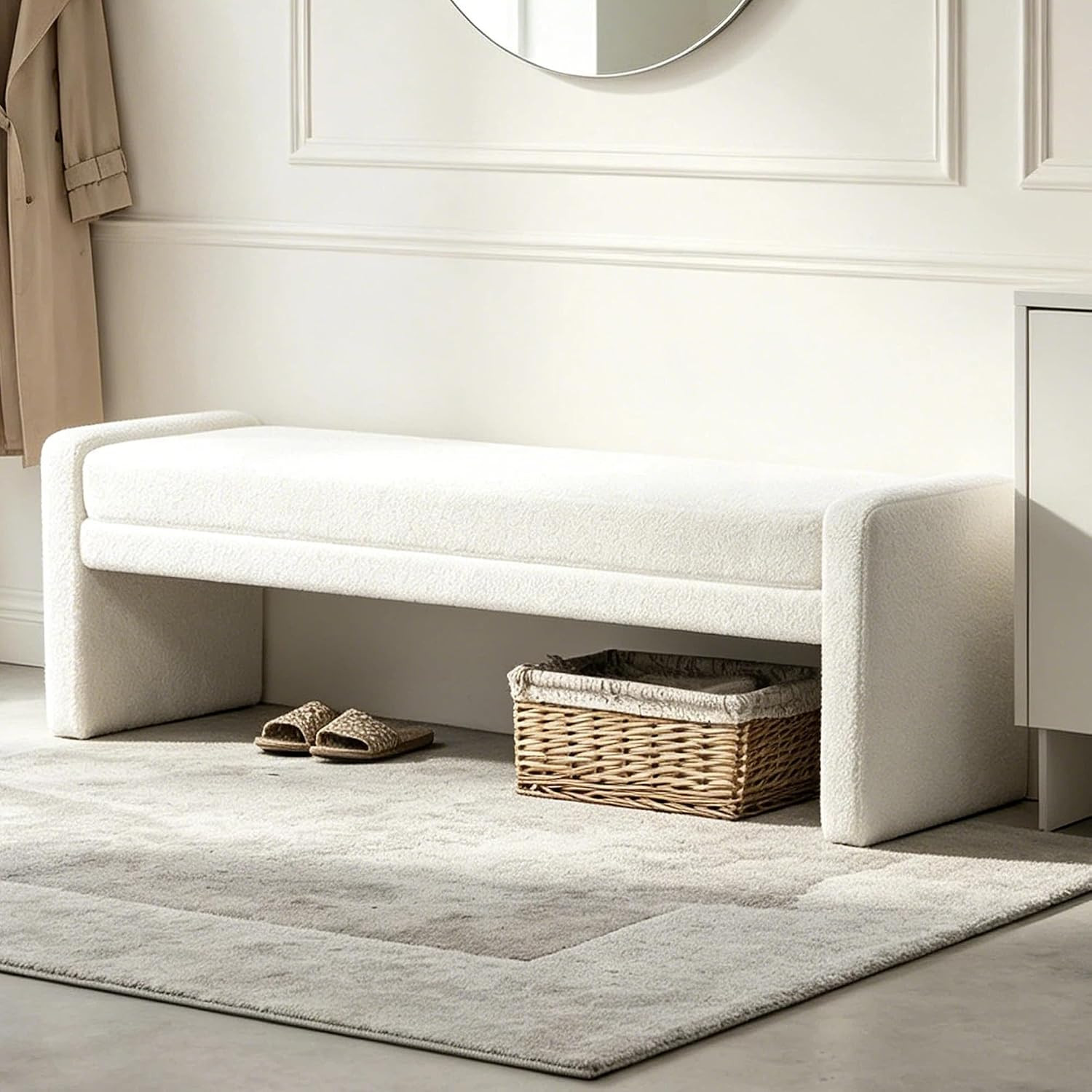66.9" White Upholstered End of Bed Bench Fit Full/Queen/King Size Bed,Modern Under Window Bench,Rectangle Ottoman Bench for Bedroom, Hallway,Living Room | Amazon (US)