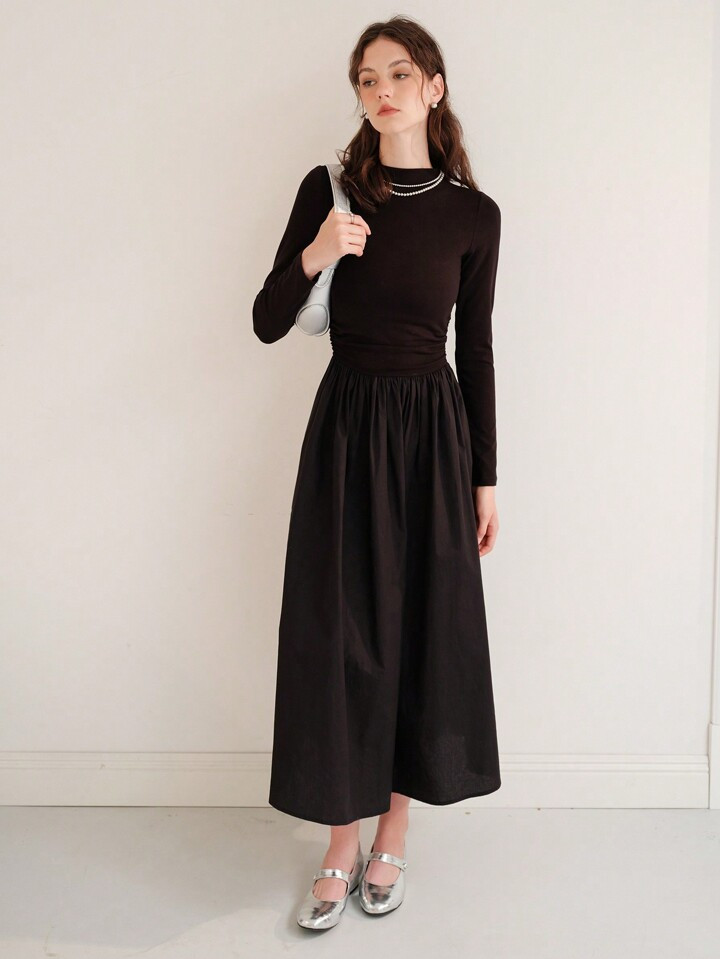 Women's Stand Collar Pleated Long Sleeve Dress | SHEIN