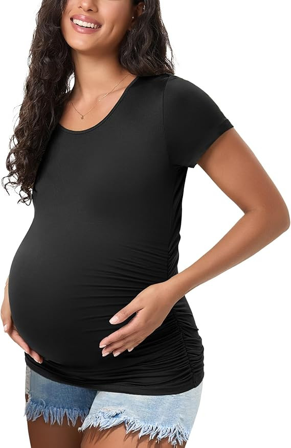 Happy.angel Maternity Shirts Short Sleeves Women's Pregnancy Top Tees Crew Neck Side Ruched Tunic... | Amazon (US)