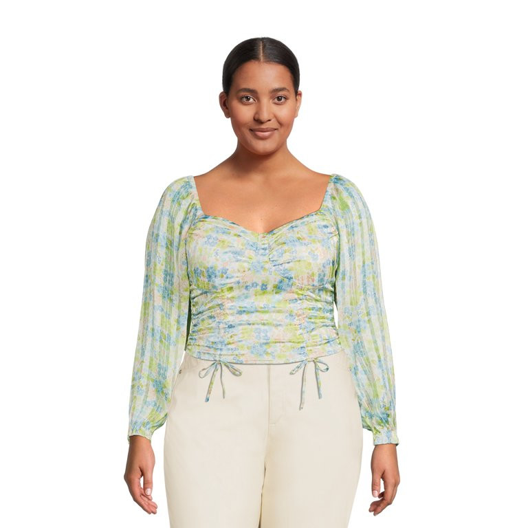 Madden NYC Juniors Plus Ruched Bra Cup Top with Long Sleeves | Walmart (US)