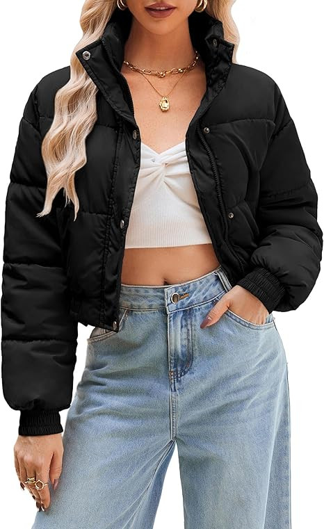 Women's Cropped Puffer Jacket Long Sleeve Puffy Coat Winter Lightweight Quilted Padded Outwear wi... | Amazon (US)