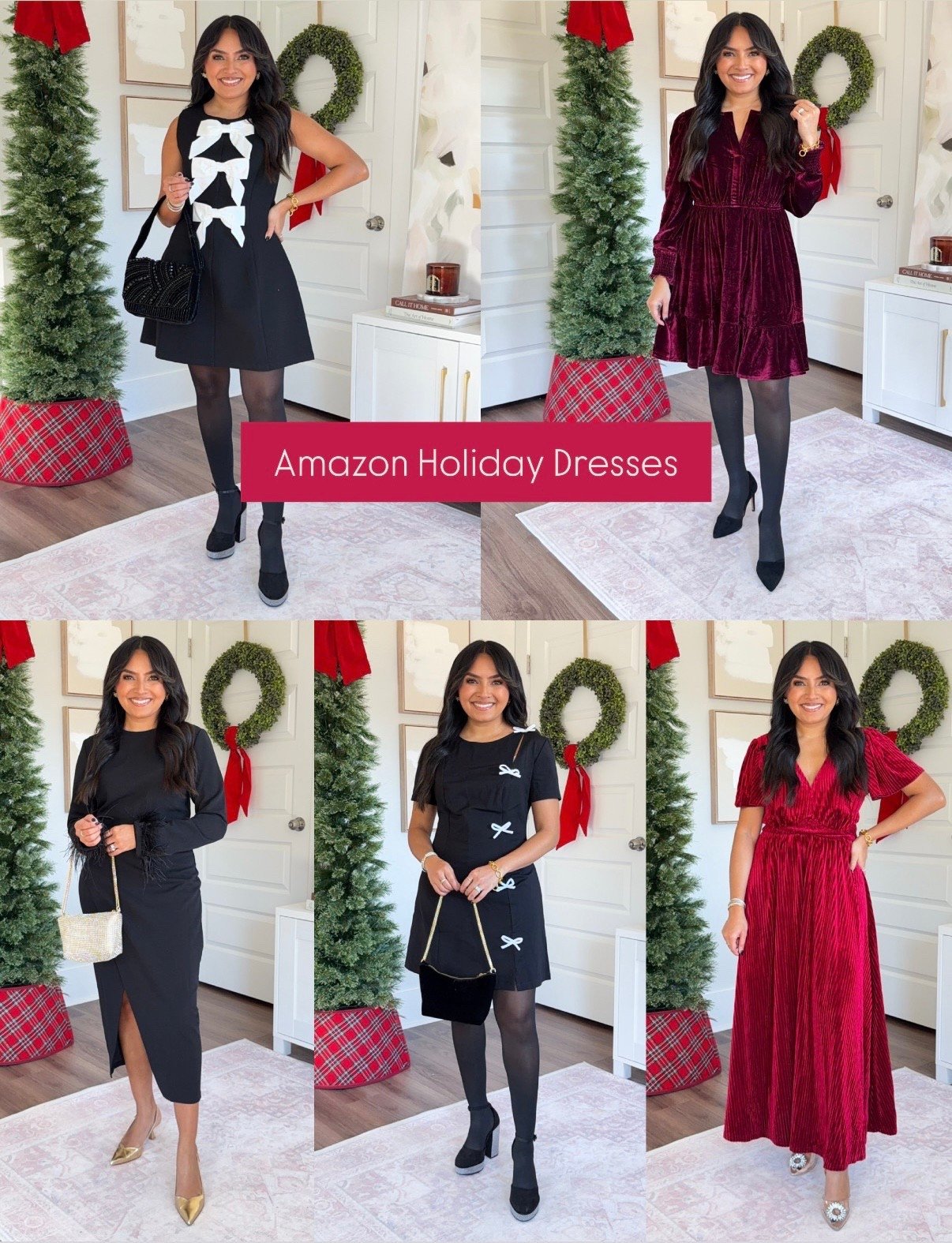 Amazon Holiday Dresses!
For reference: I’m 5’0, 32b bra size, and 2/26 in bottoms, pear shaped. 
*Everything I share is unaltered! TTS means true to size. Between size 5-6.6 in shoes

Black bow front sleeveless mini dress size small TTS
Black tights size small TTS
Black platform heels - old, similar linked

Burgundy wine red velvet long sleeve dress size small TTS
Black tights size small TTS
Black heels size 5 TTS

Black feather trim sleeve midi dress size black TTS
Gold heels size 5 TTS

Black dress with white bows short sleeves size small TTS
Black tights size small TTS
Black platform heels - old, similar linked

Wine red velvet maxi dress size small TTS
Clear rhinestone heels - old, similar linked




holiday dresses amazon
christmas dresses amazon
Amazon holiday outfits
amazon christmas party dresses
nye dresses amazon
new years eve dresses amazon
amazon party dresses
holiday party dresses amazon
christmas outfit ideas amazon
amazon festive dresses
nye outfit ideas amazon
amazon sequin holiday dress
holiday cocktail dresses amazon
christmas eve dresses amazon
amazon winter party outfits
Christmas show
petite friendly pieces
Rachel Miranda Blog
Honeysweetpetite


#LTKStyleTip #LTKHoliday #LTKGiftGuide