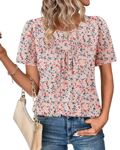 WIHOLL Boho Tops for Women Spring Summer Beach Vacation Clothes Puff Sleeve Tshirts Shirts Casual Trendy Crewneck Blouses Loose Fit Resort Wear 2026 Pink L | Amazon (US)