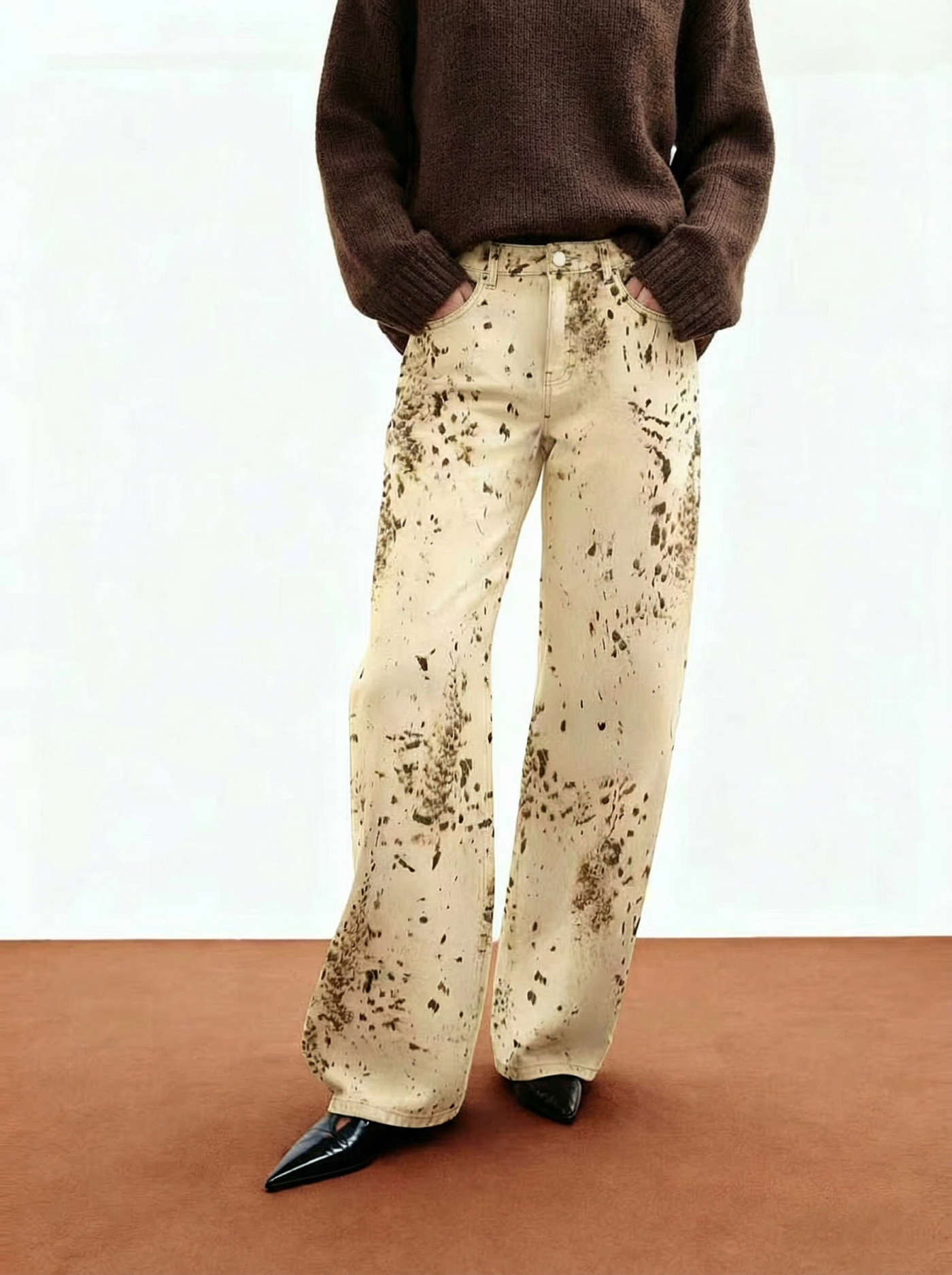 Denim Denim Low Rise Leopard Wide Leg Oversized Jeans For Daily Casual | Cider